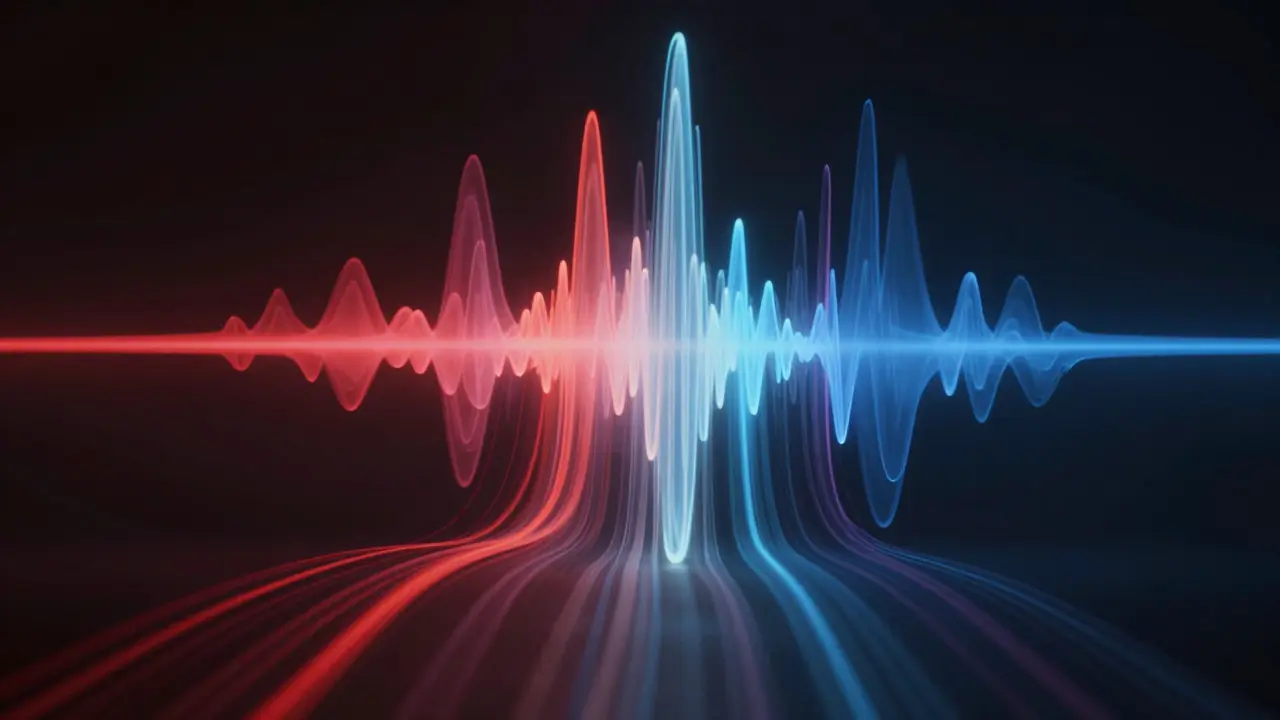 Colorful abstract light streams forming parallel pathways on a dark background