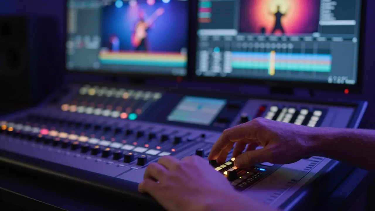 Colorist hands adjusting controls in a dimly lit grading suite
