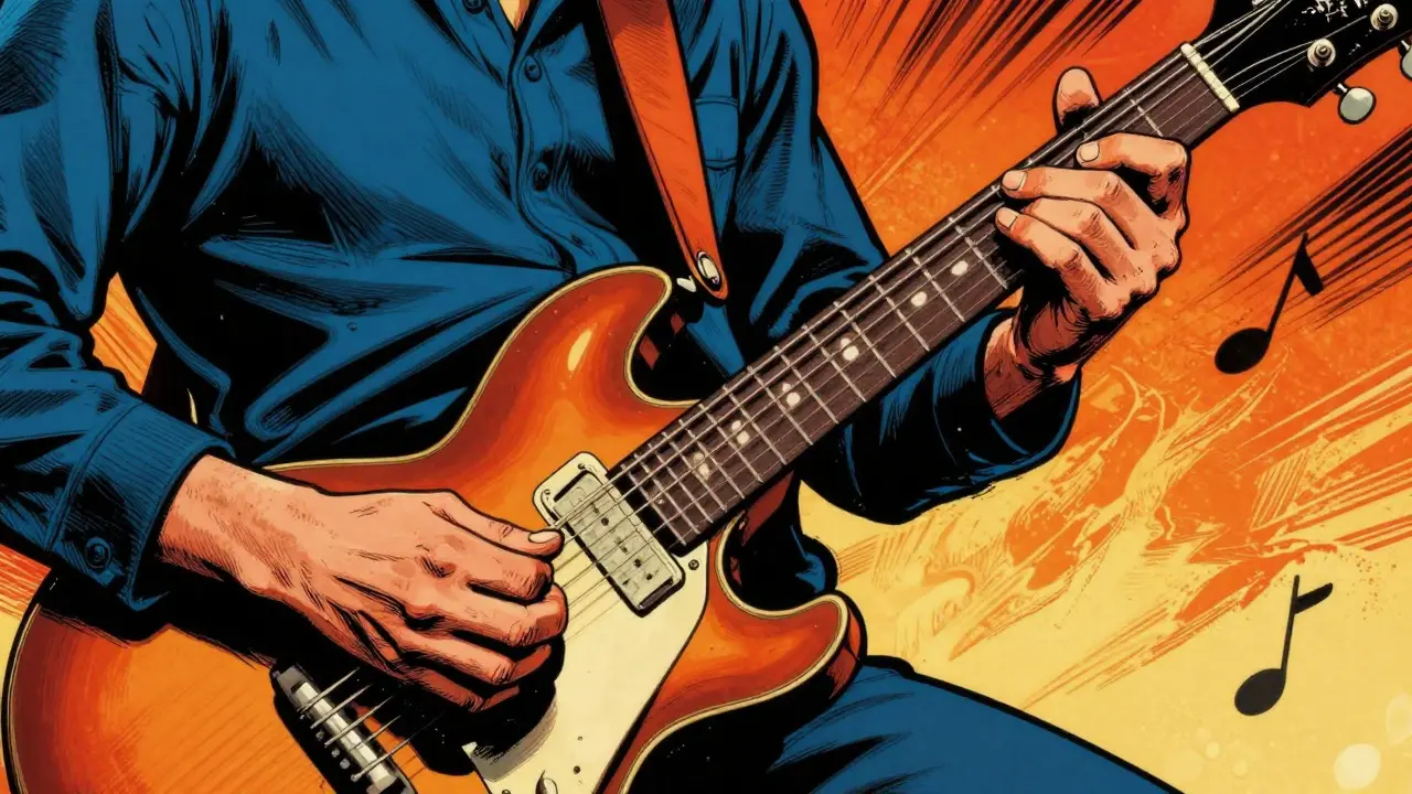 Comic style illustration of a guitarist performing dynamic slide techniques with vibrant colors