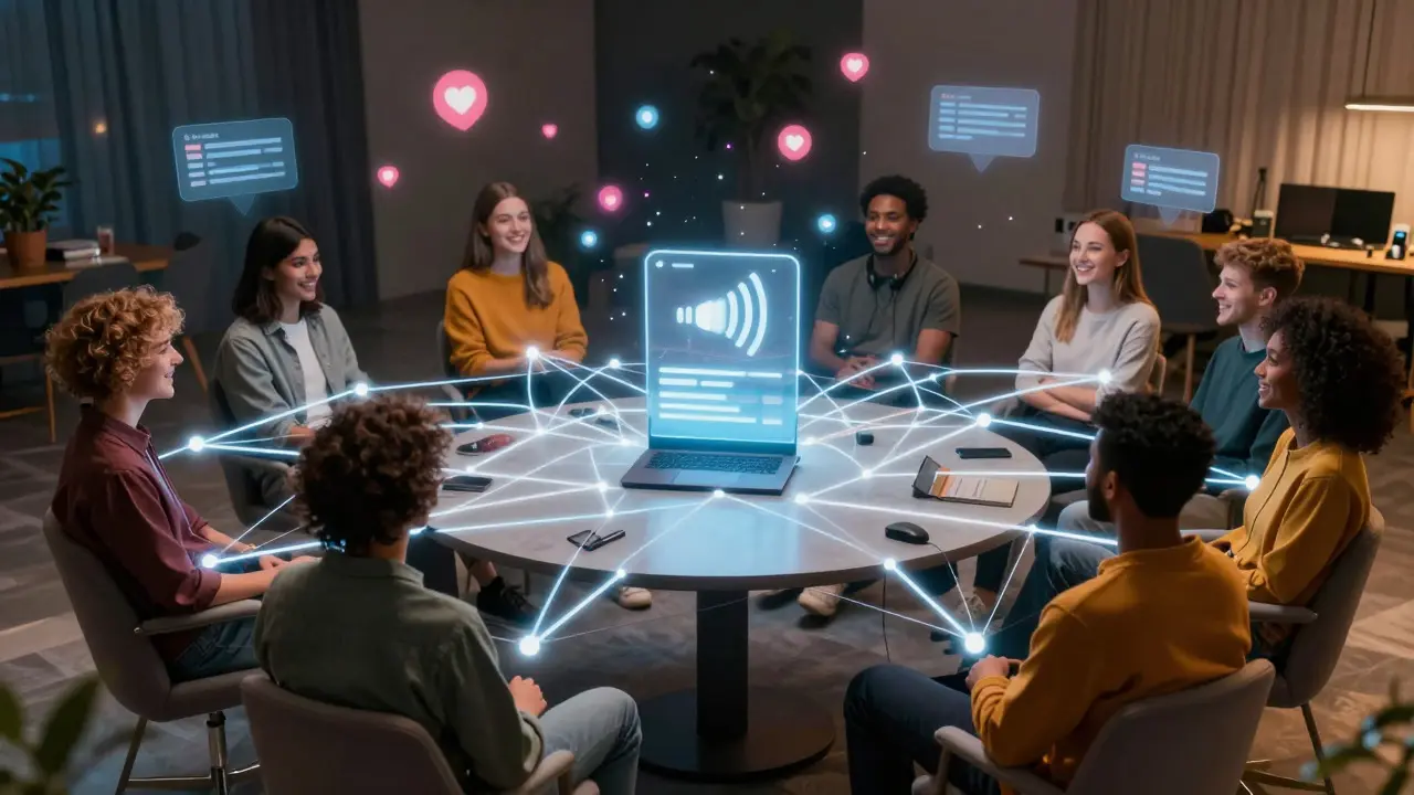 Community of fans connected by glowing lights celebrating a music contest entry