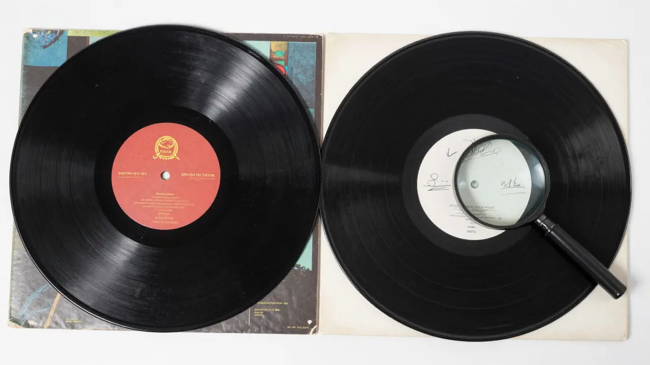 Comparison of a pristine vinyl record and a worn bootleg under a magnifying glass