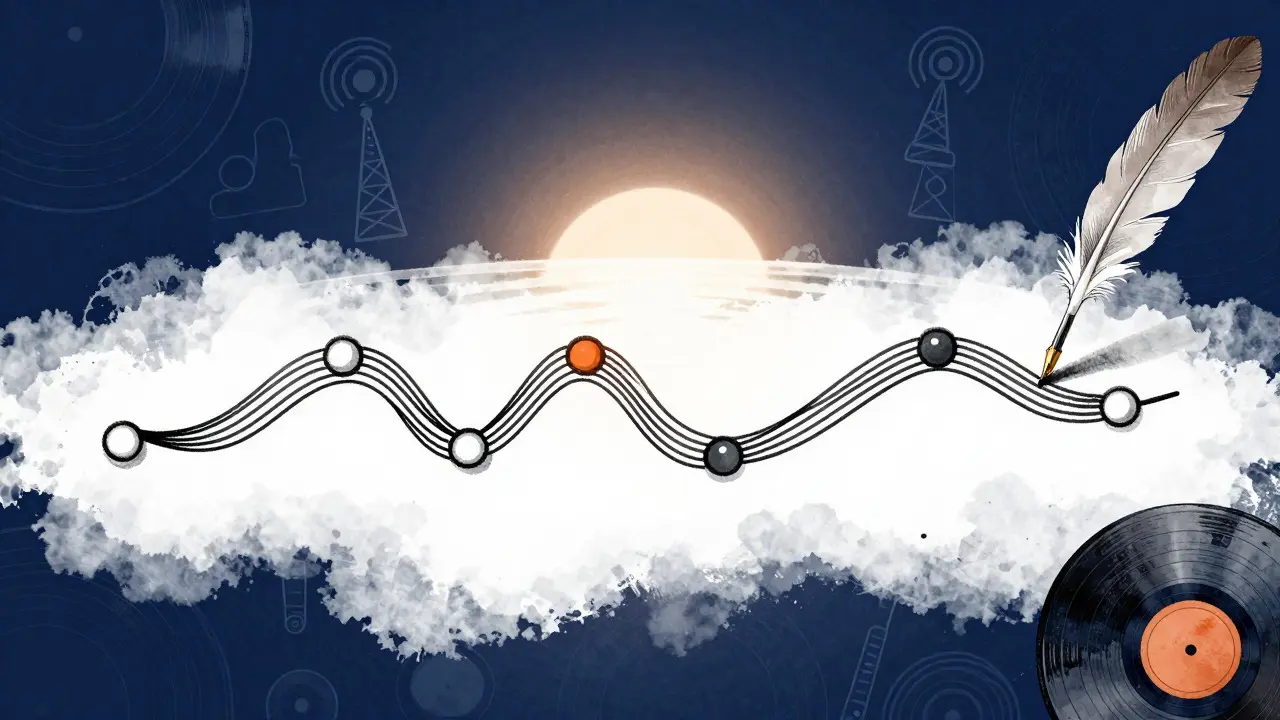Conceptual art of a timeline with sound waves and radio icons