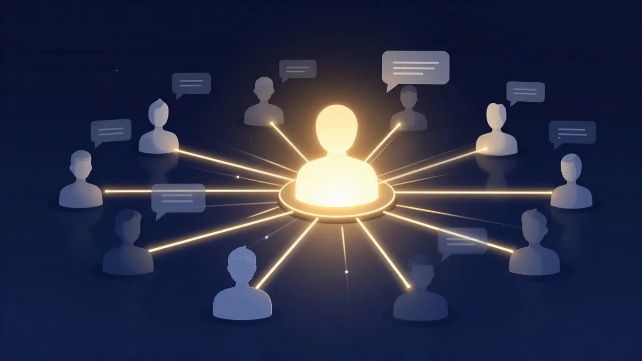 Conceptual art showing a creator connected to fans via glowing digital lines