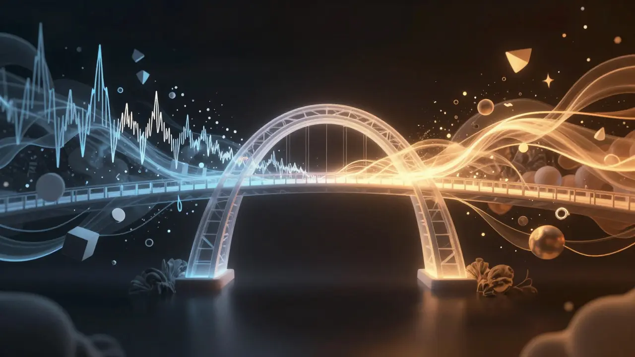 Conceptual art showing a light bridge transforming abstract data into warm flowing ribbons