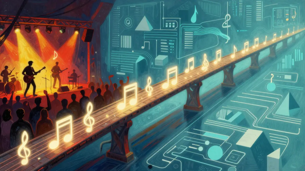 Conceptual illustration of a bridge made of musical notes connecting a concert and data