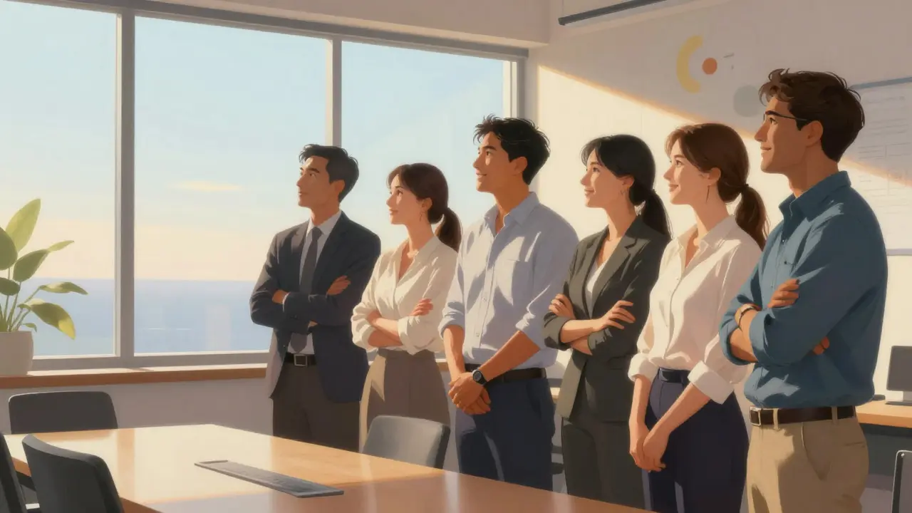 Confident team members smiling together in a bright room overlooking a clear horizon