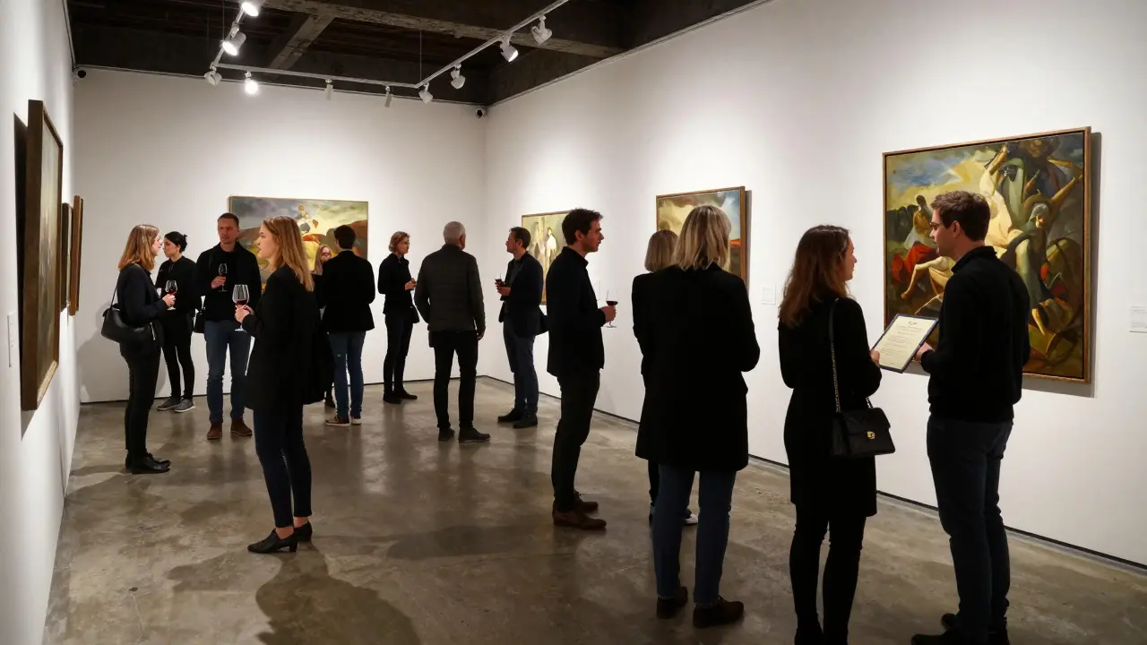 Crowd at a gallery opening viewing original paintings