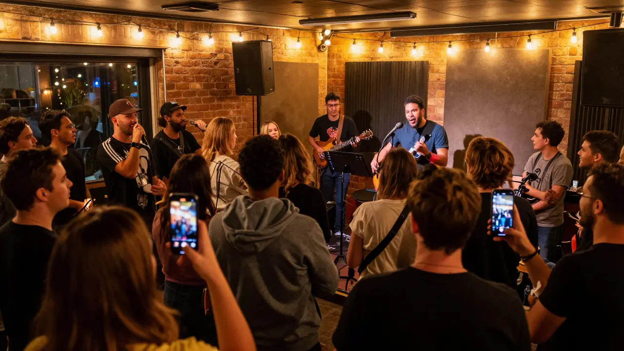 Crowd at an intimate live blues show engaging with the artist