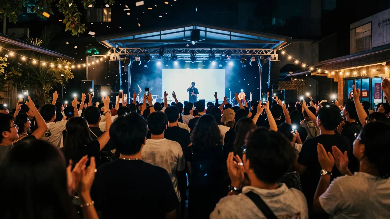Crowd celebrating a music launch at night with confetti and phone lights