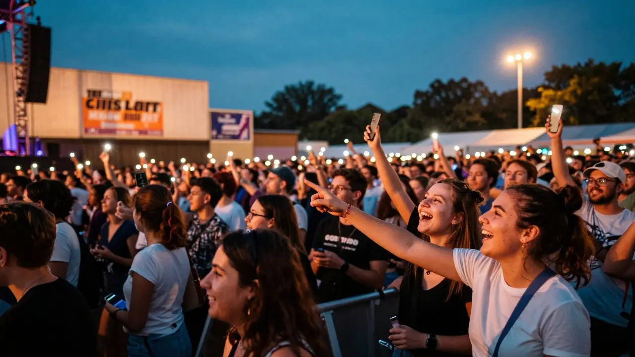 Crowd of fans outside a concert venue at dusk, holding up phones in excitement