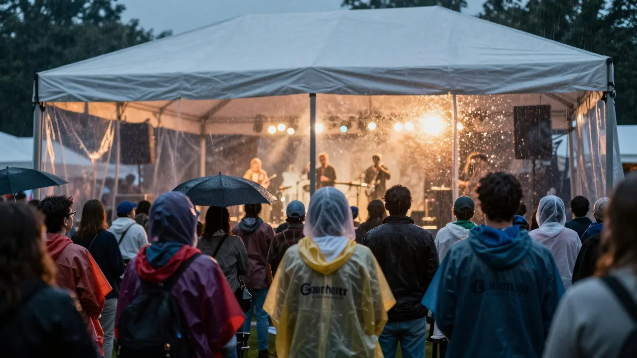 Crowd wearing ponchos inside a clear-sided tent watching a concert with warm stage lighting