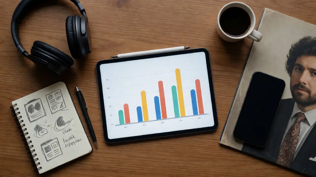 Desk setup with tablet showing data charts and music gear