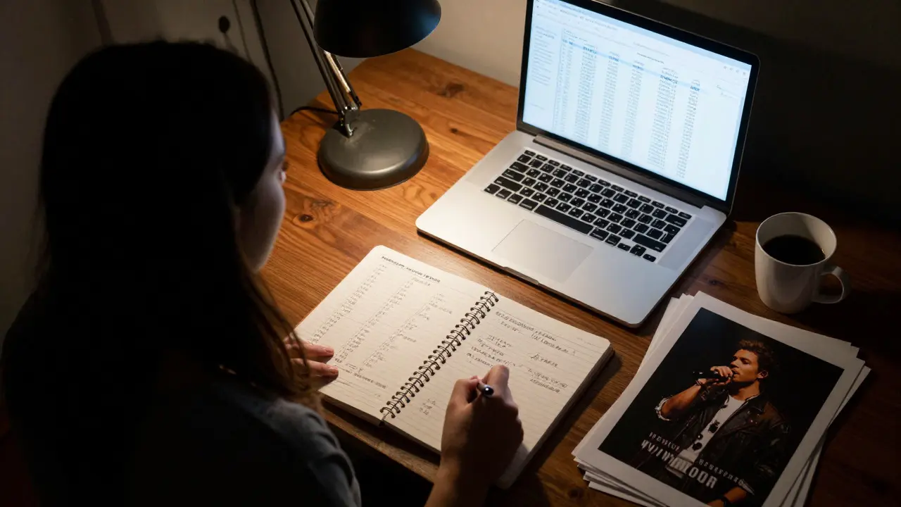 Desk setup with tracking spreadsheets and photos illustrating the pitch analysis process