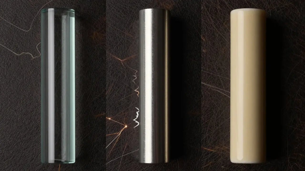 Digital art displaying glass, steel, and ceramic slide tubes with distinct lighting effects
