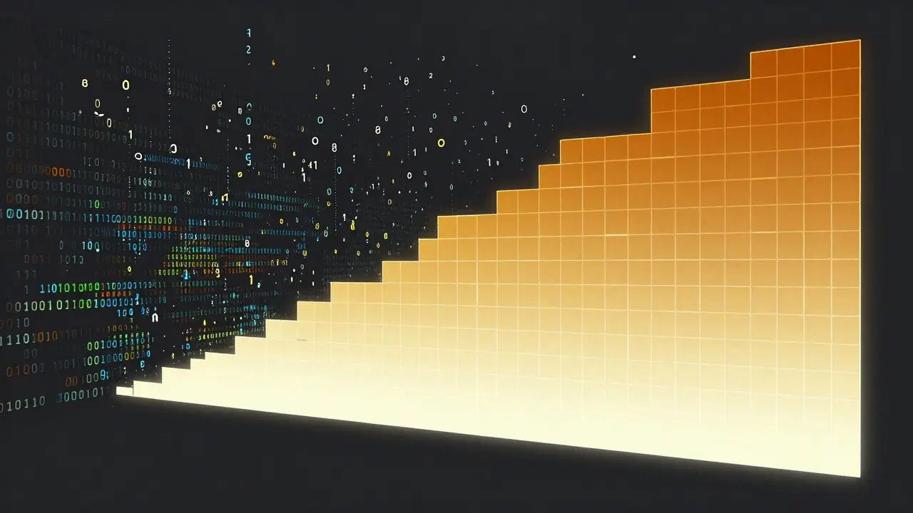 Digital art showing chaotic data transforming into a structured color grid