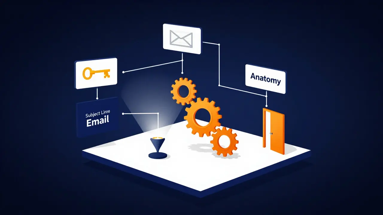 Digital illustration of an email structure represented as an architectural blueprint with connected components