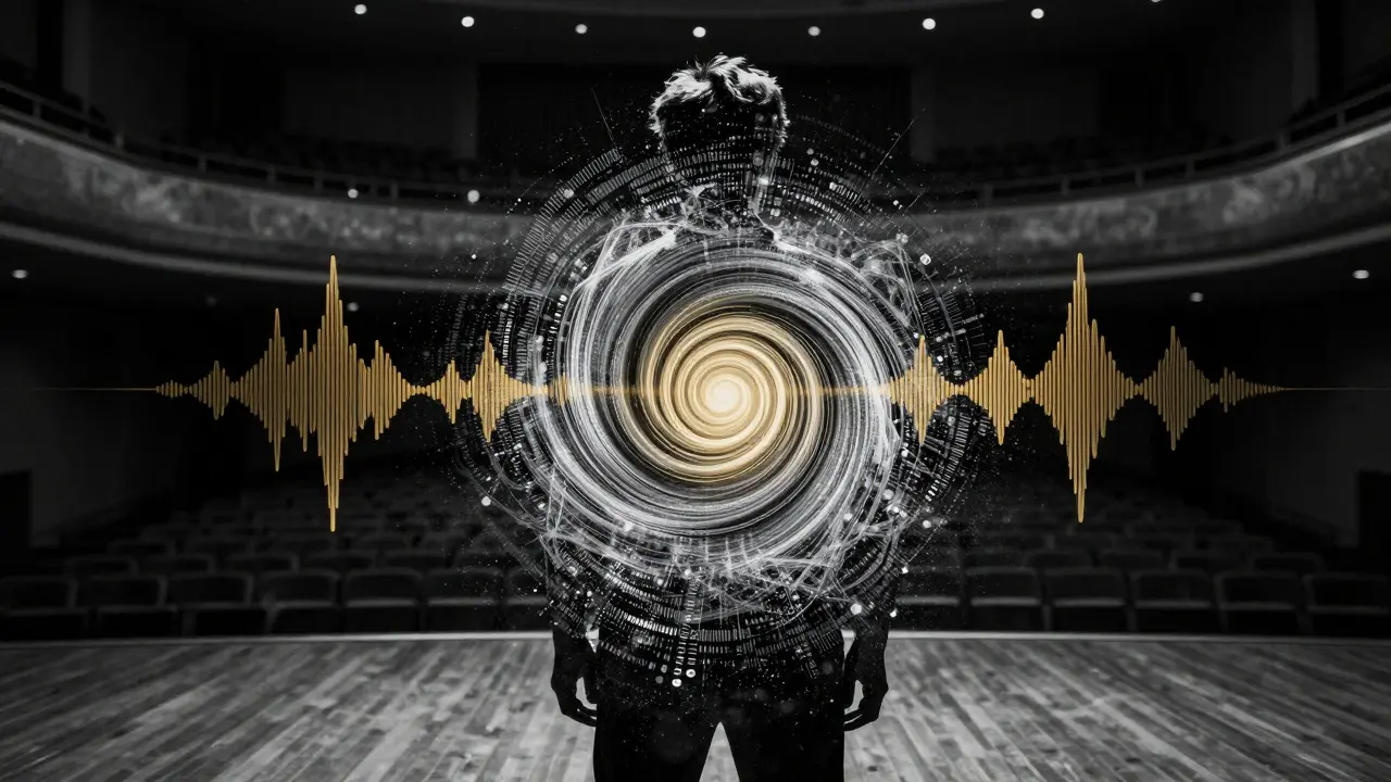 Double-exposure portrait of a musician filled with swirling sound wave patterns