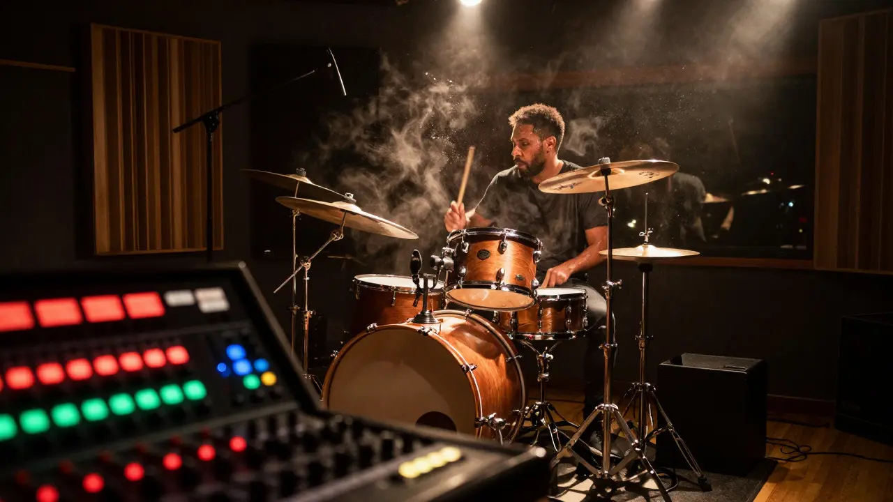 Drummer performing in a studio with glowing mixing console in the foreground