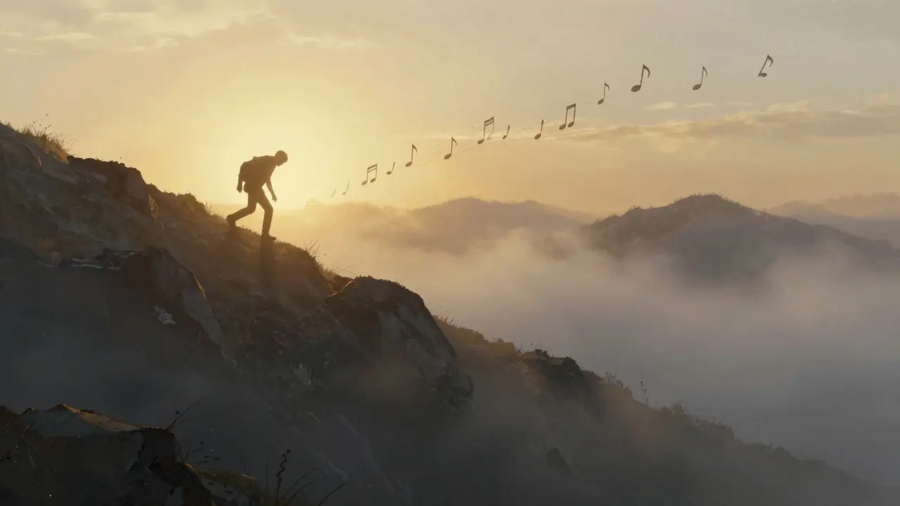 Figure climbing a foggy hill towards sunrise with abstract sound waves