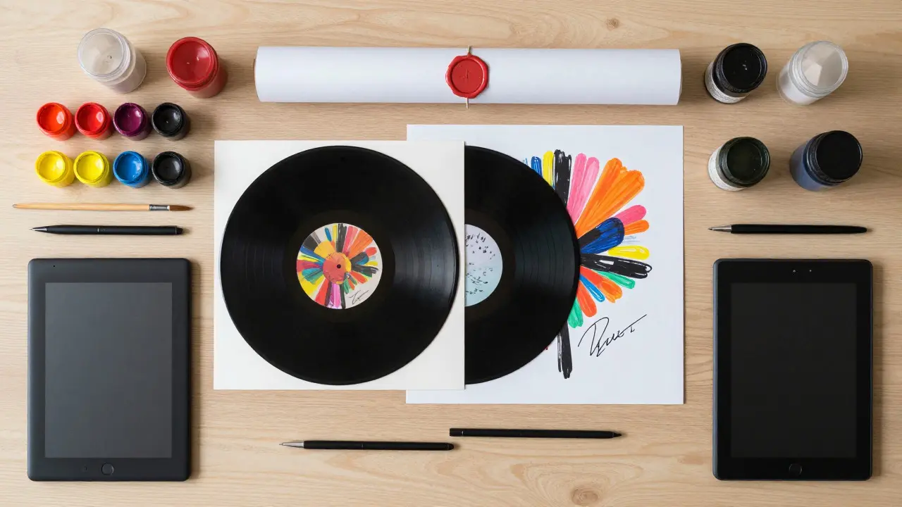 Flat lay of music merchandise, art supplies, and drawing tools on a desk
