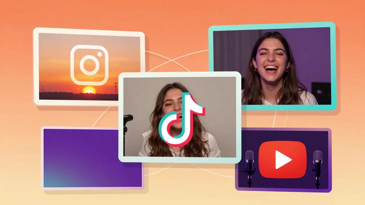 Floating frames displaying photos, videos, and microphones connected by light lines