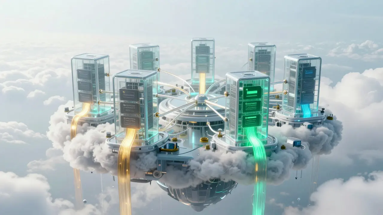 Futuristic cloud storage hub with flowing data streams symbolizing file transfer integrity