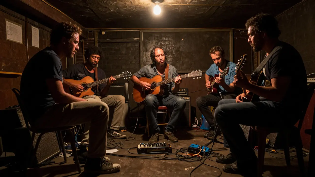 Group of blues musicians playing in a dim basement jam session