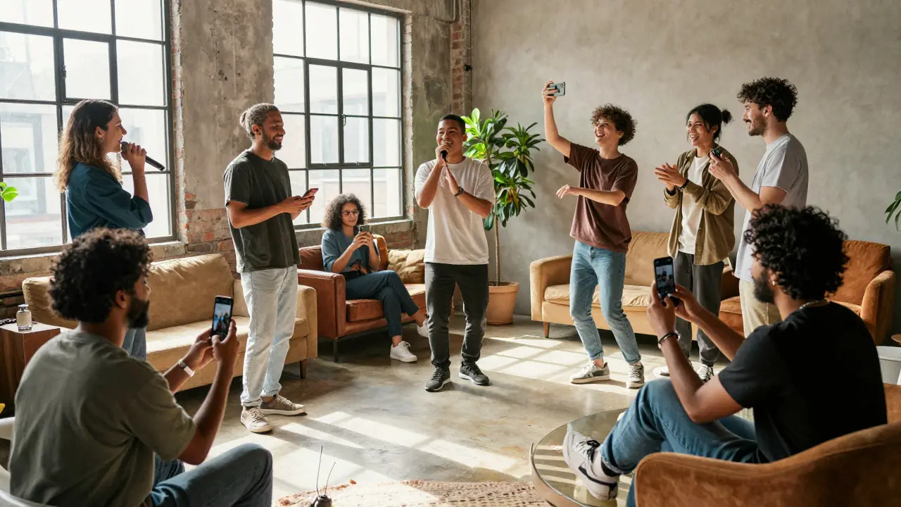 Group of creators collaborating and filming videos in a creative loft