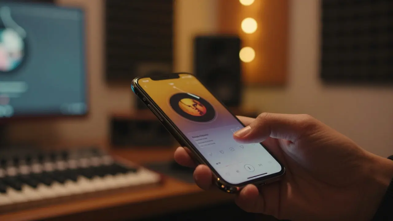Hand holding a smartphone in a cozy home music studio setting