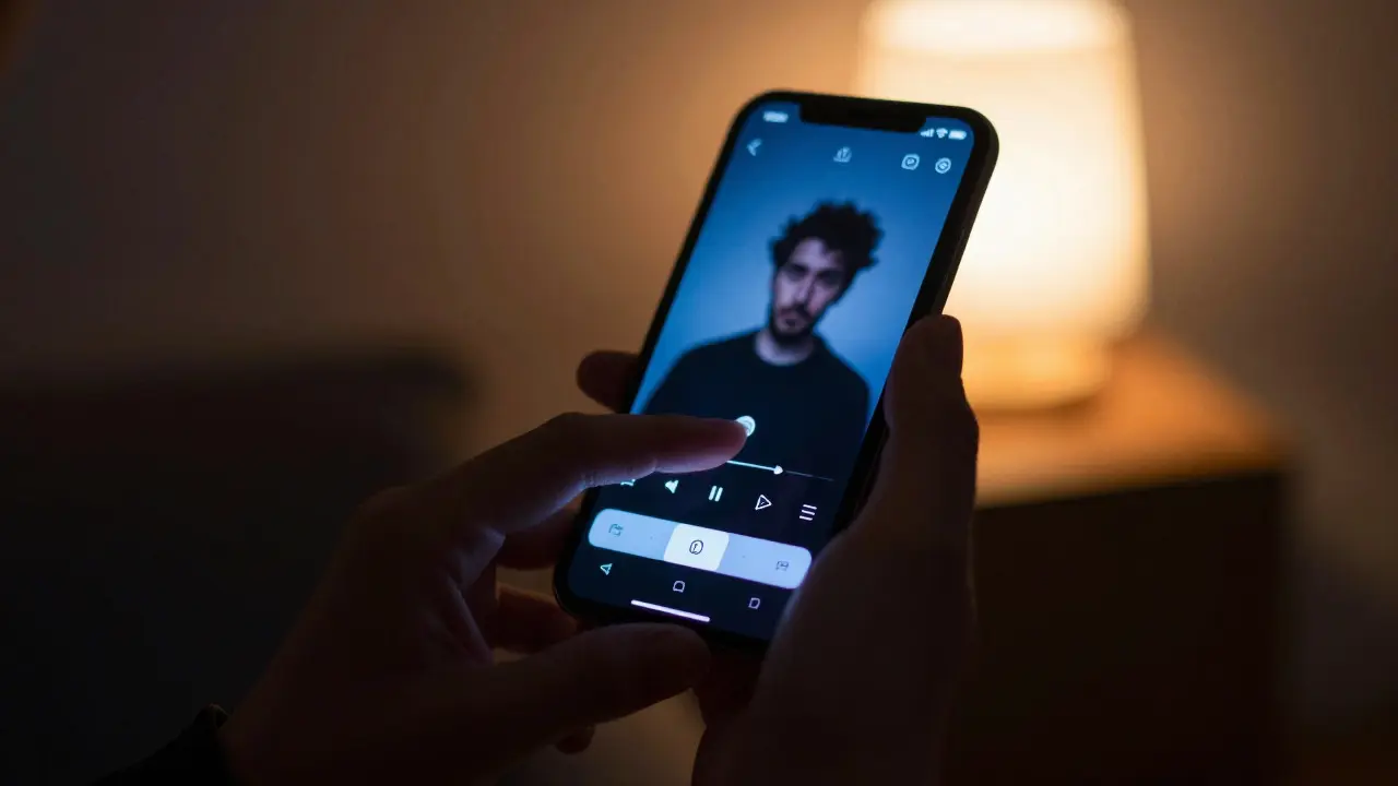 Hand holding a smartphone with glowing screen in a dimly lit room
