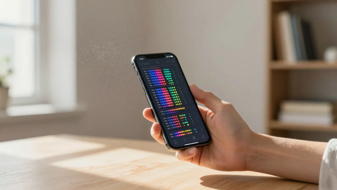 Hand holding phone emitting organized colorful particles amidst gray dust clouds
