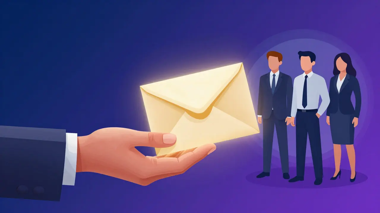 Hand offering a glowing envelope to a communications team concept