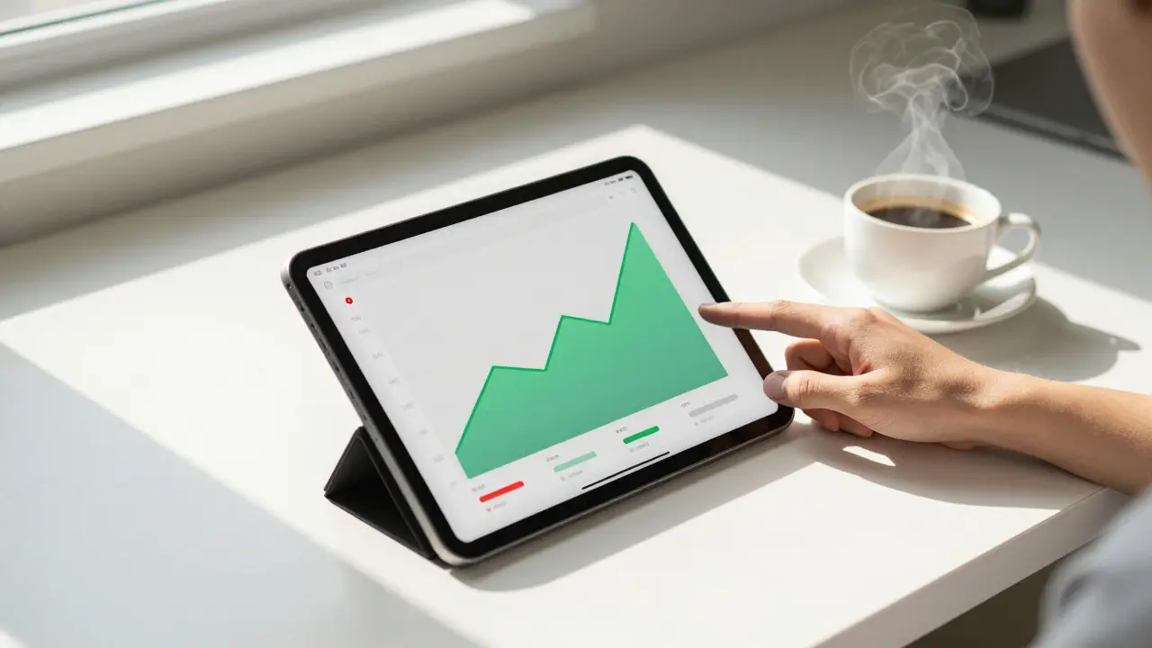 Hand resting on a tablet showing a colorful analytics dashboard in a sunlit office
