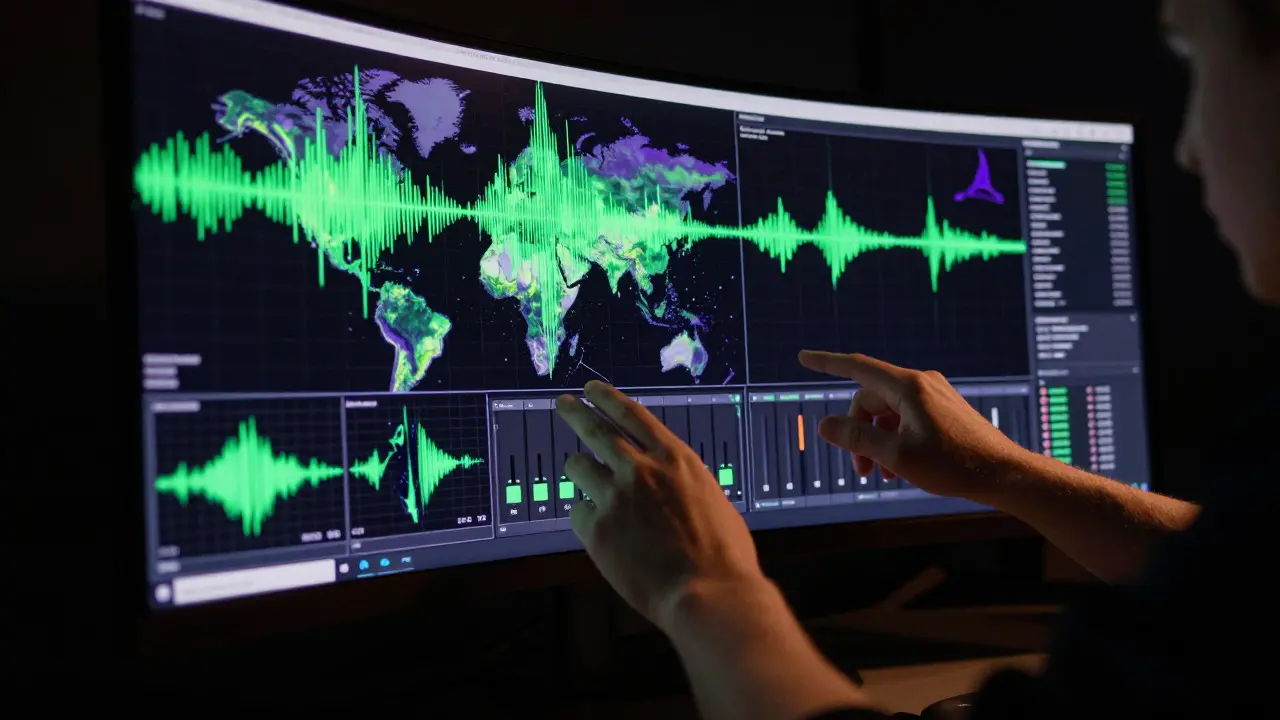 Hands analyzing complex audio data visualizations on a large curved monitor