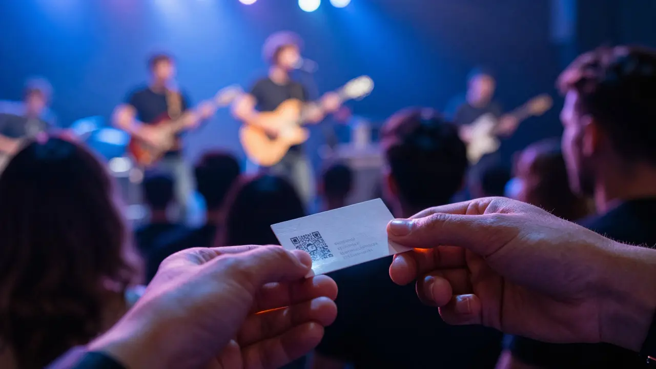 Hands exchanging a business card with a QR code at a live music showcase