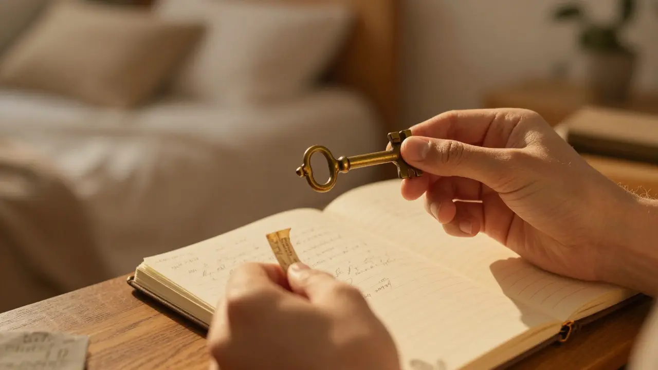 Hands holding an old key near a notebook in a warm, dimly lit room