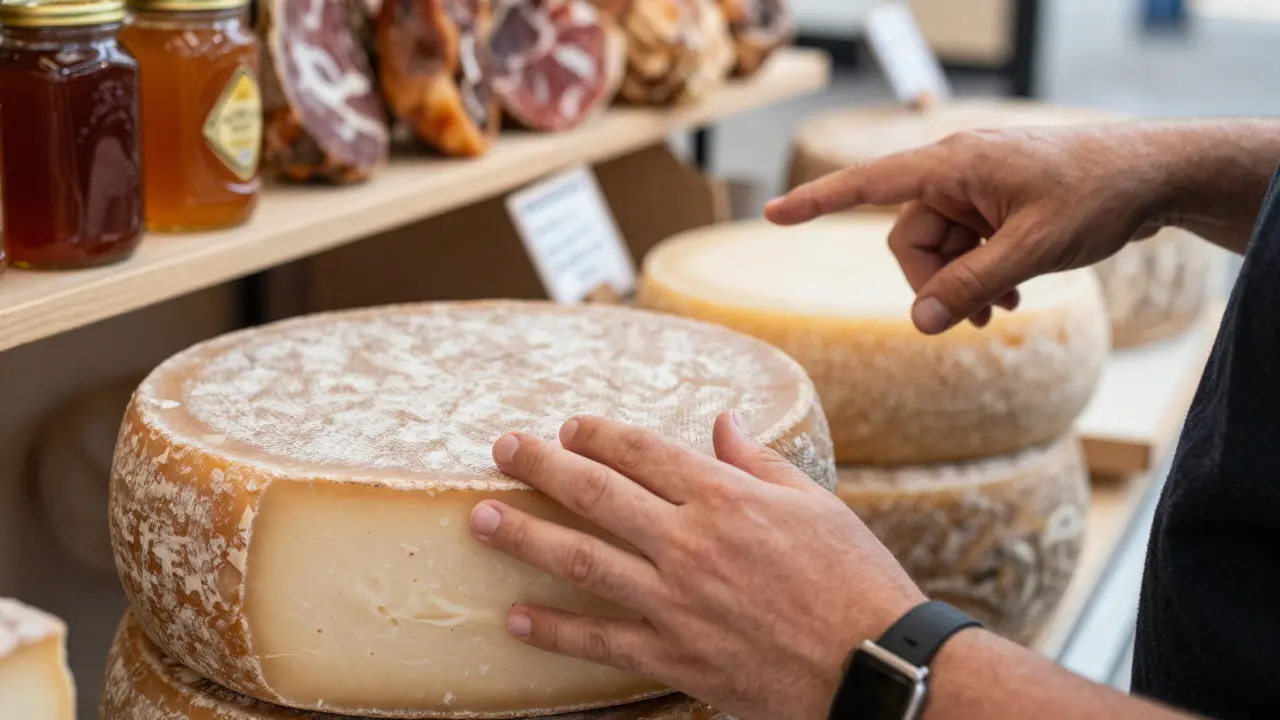 Hands inspecting the rind of an aged cheese wheel at a local market stall