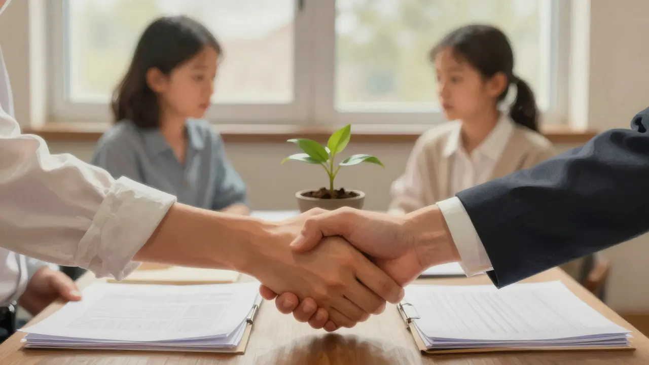 Hands shaking over documents and a plant symbolizing business agreement
