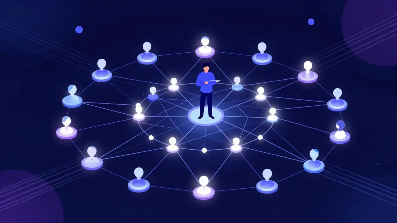 Illustration of a digital network connecting artists to supporters