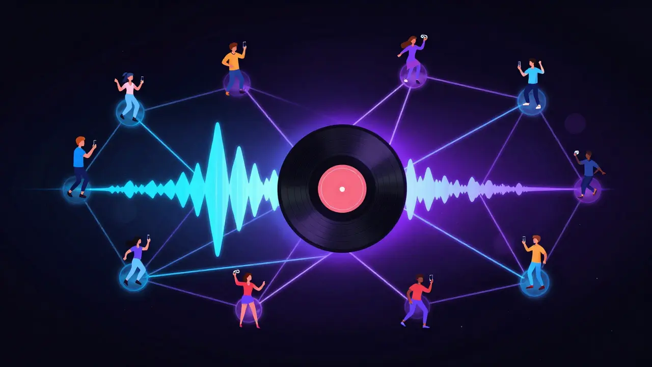 Illustration of a sound wave connecting a network of social media users