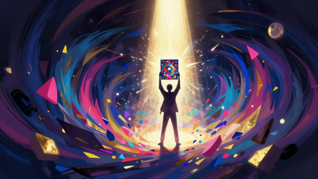 Illustration of an artist's work emerging from a swirl of colors