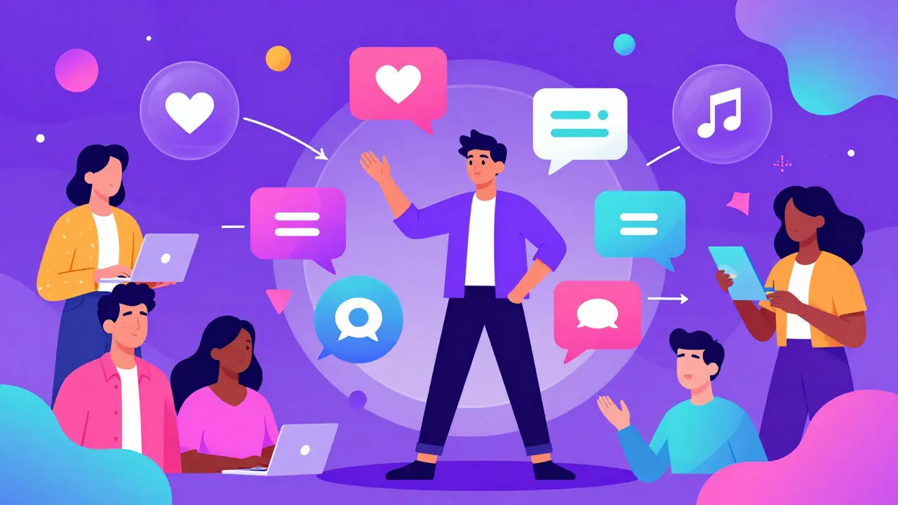 Illustration of an artist connected to fans through floating social media symbols