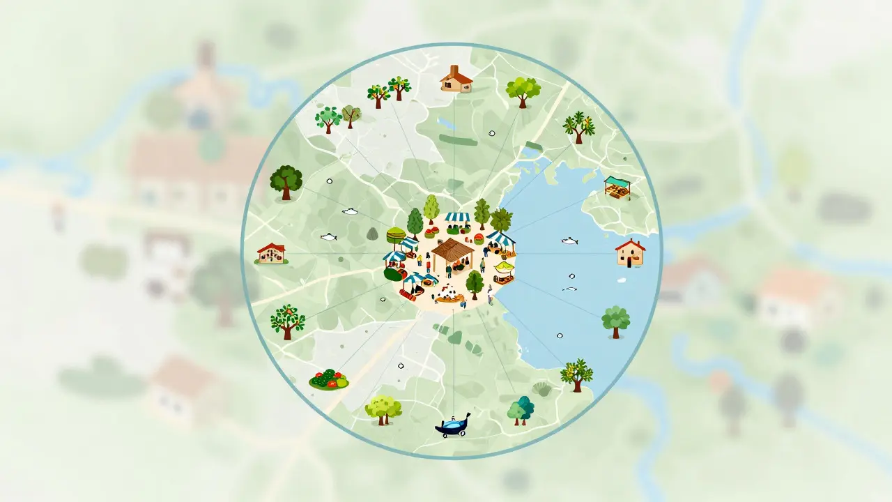 Illustration showing a 10-mile radius connecting local farms to a central market