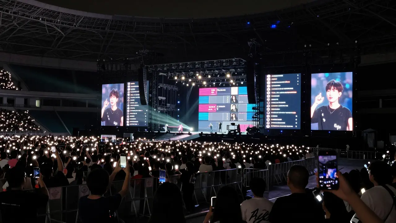 Large arena concert with side screens showing live fan reactions and advanced lighting