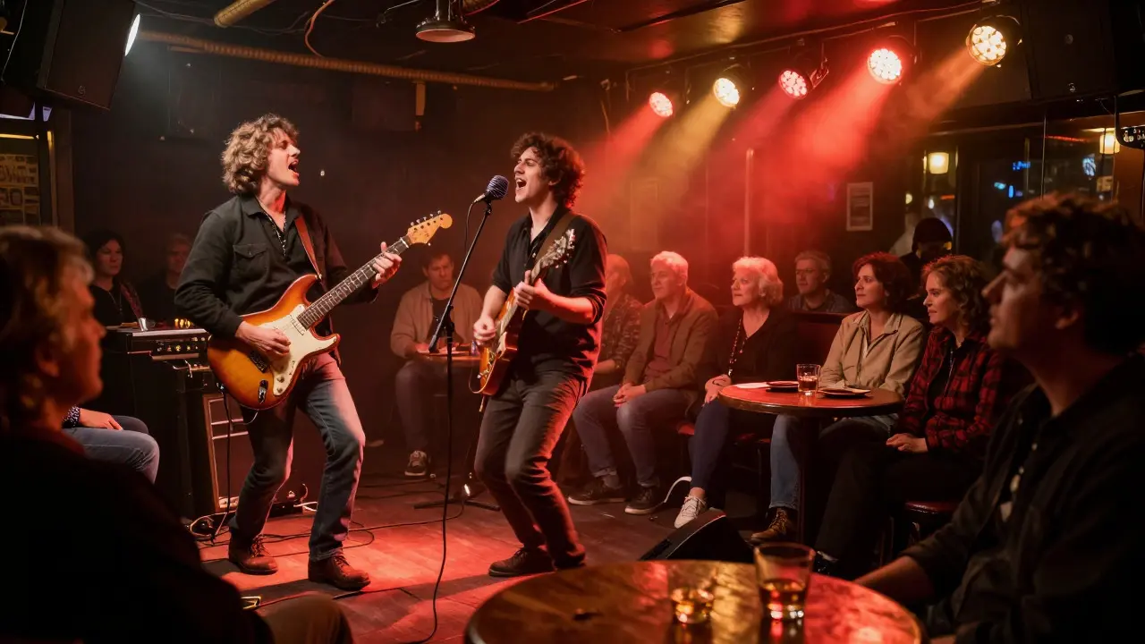 Live blues band performing energetically in a dimly lit intimate club