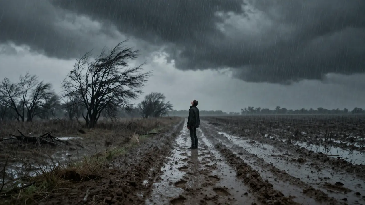 Lone figure in rain watching footprints wash away in mud