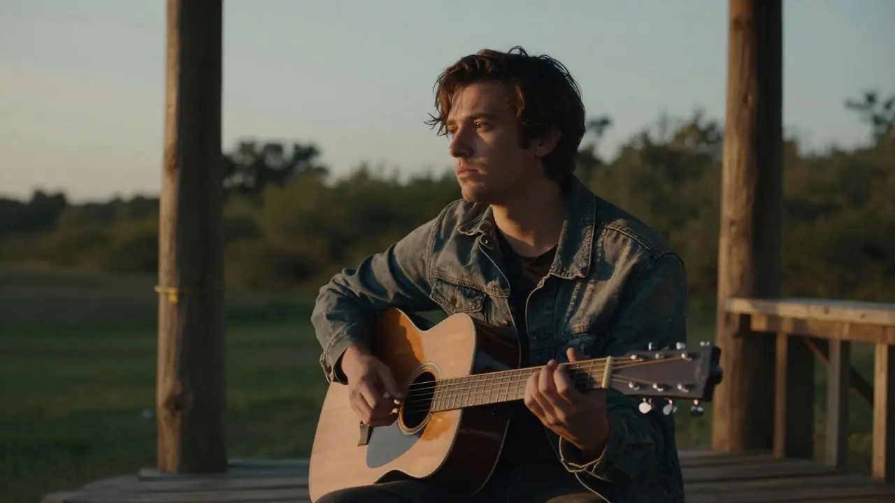 Musician in a denim jacket sitting on a porch at sunset