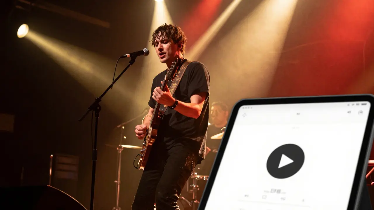 Musician performing on stage with a tablet in the foreground showing a play button