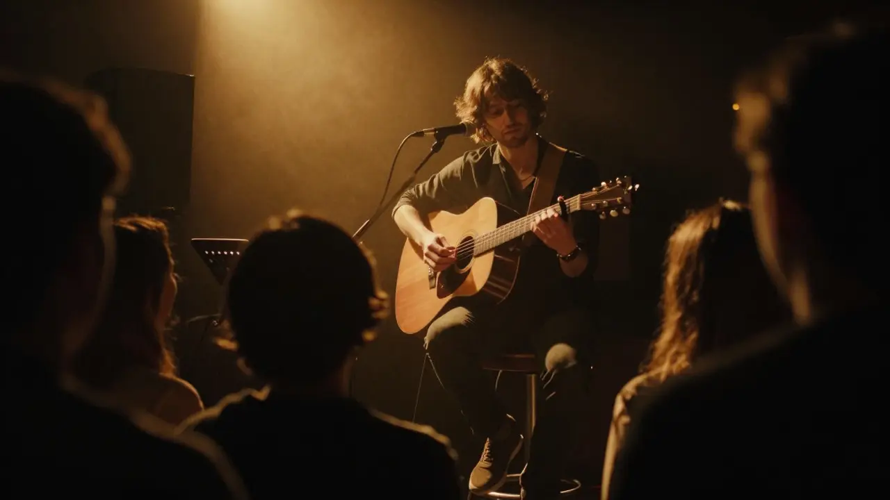 Musician playing acoustic guitar on stage under a spotlight during an intimate live performance