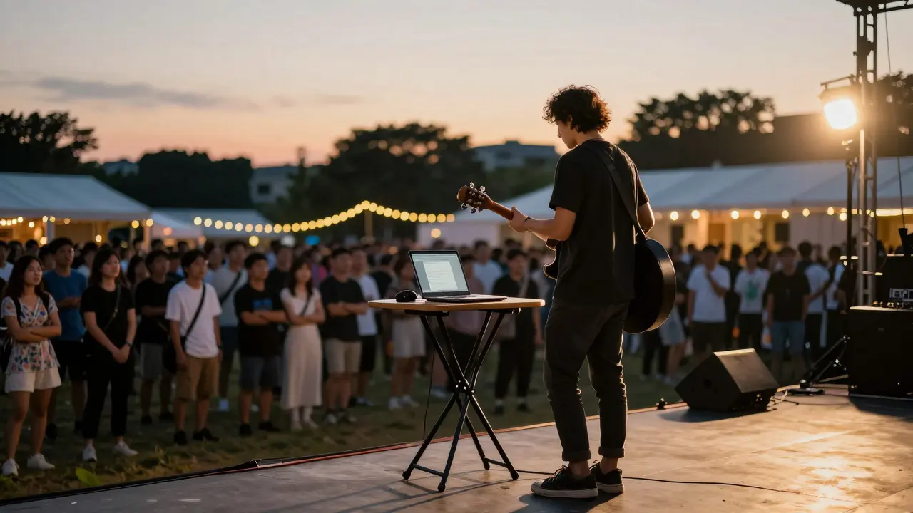 Musician reviewing their EPK on a laptop at an outdoor stage during golden hour